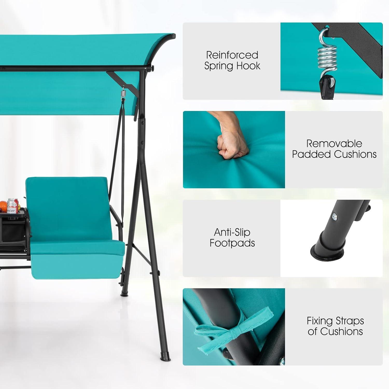 Resenkos Porch Swing, Porch Swing Chair with Adjustable Canopy-Turquoise, Hanging Outdoor Porch Swings for Garden, Backyard