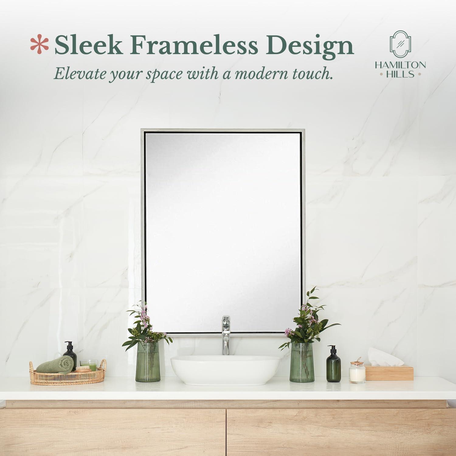 Hamilton Hills 24x36"" Brushed Silver Wall Mirror | Rectangular Metal Frame Vanity Glass