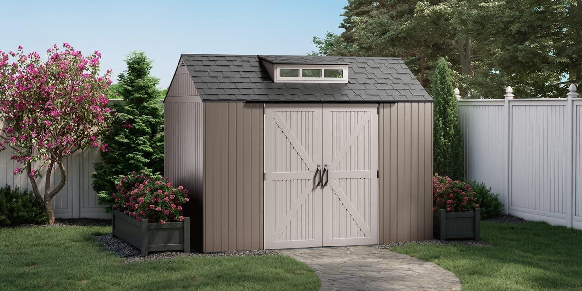 Rubbermaid Extra Large Resin Outdoor Storage Shed With Floor (7 x 10.5 Ft.) Weather Resistant Brown Organization for Home/Lawn Mower/Backyard Equipment/Bike Storage/Pool Supplies