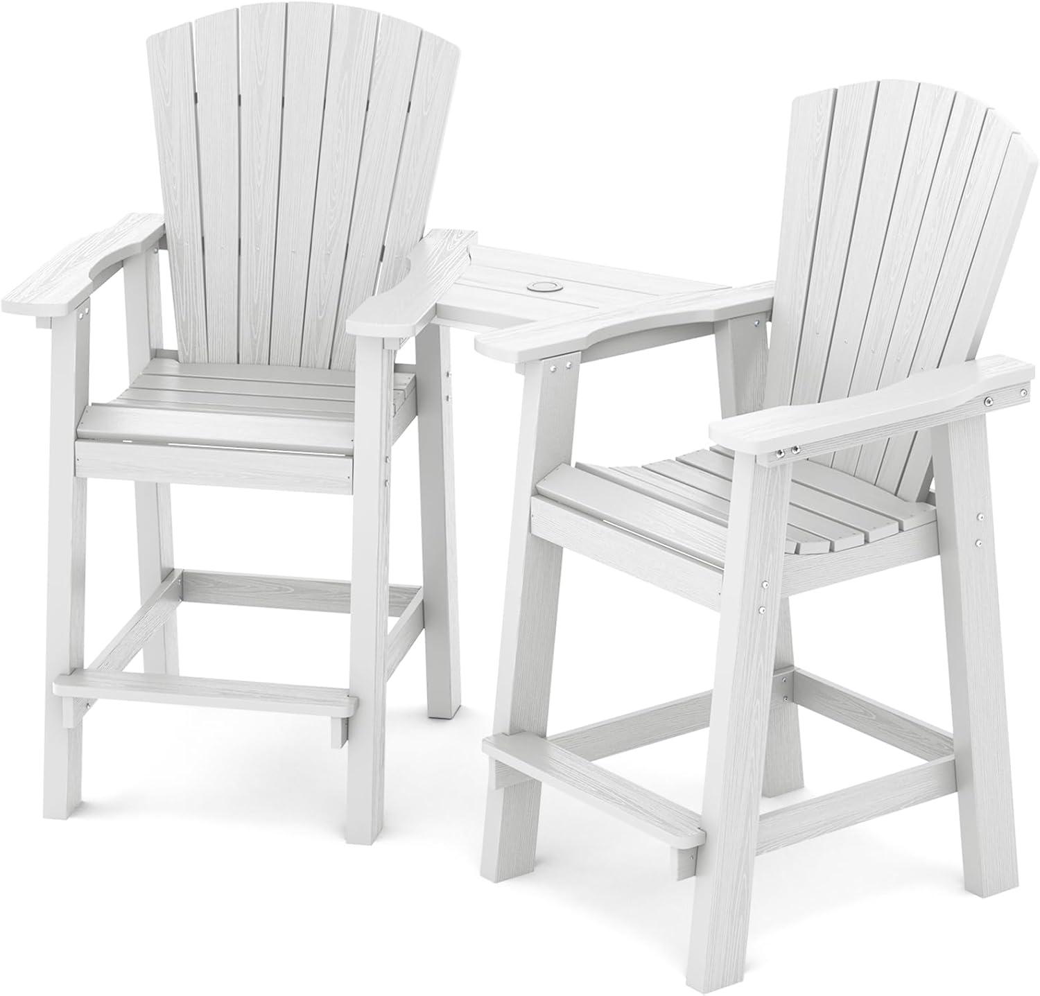 JUSTLET Tall Plastic Adirondack Chair Set of 2 W/ Outdoor Barstools and Connecting Tray, Brown