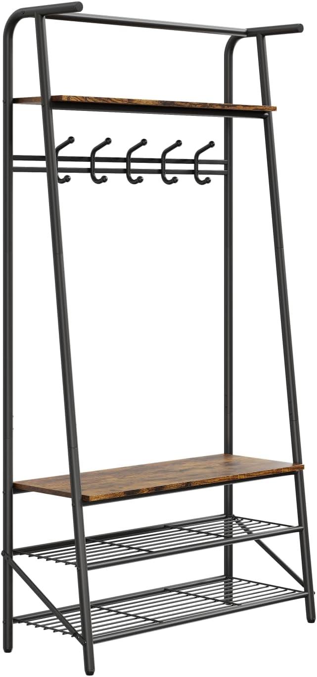 GAOMON Coat Rack Shoe Bench, 4-in-1 Hall Trees Entryway Bench with Coat Rack and Shoe Rack, Wood Look Accent Furniture with Steel Frame Storage Shelf and Hanging Bar, Industrial, Rustic Brown & Black