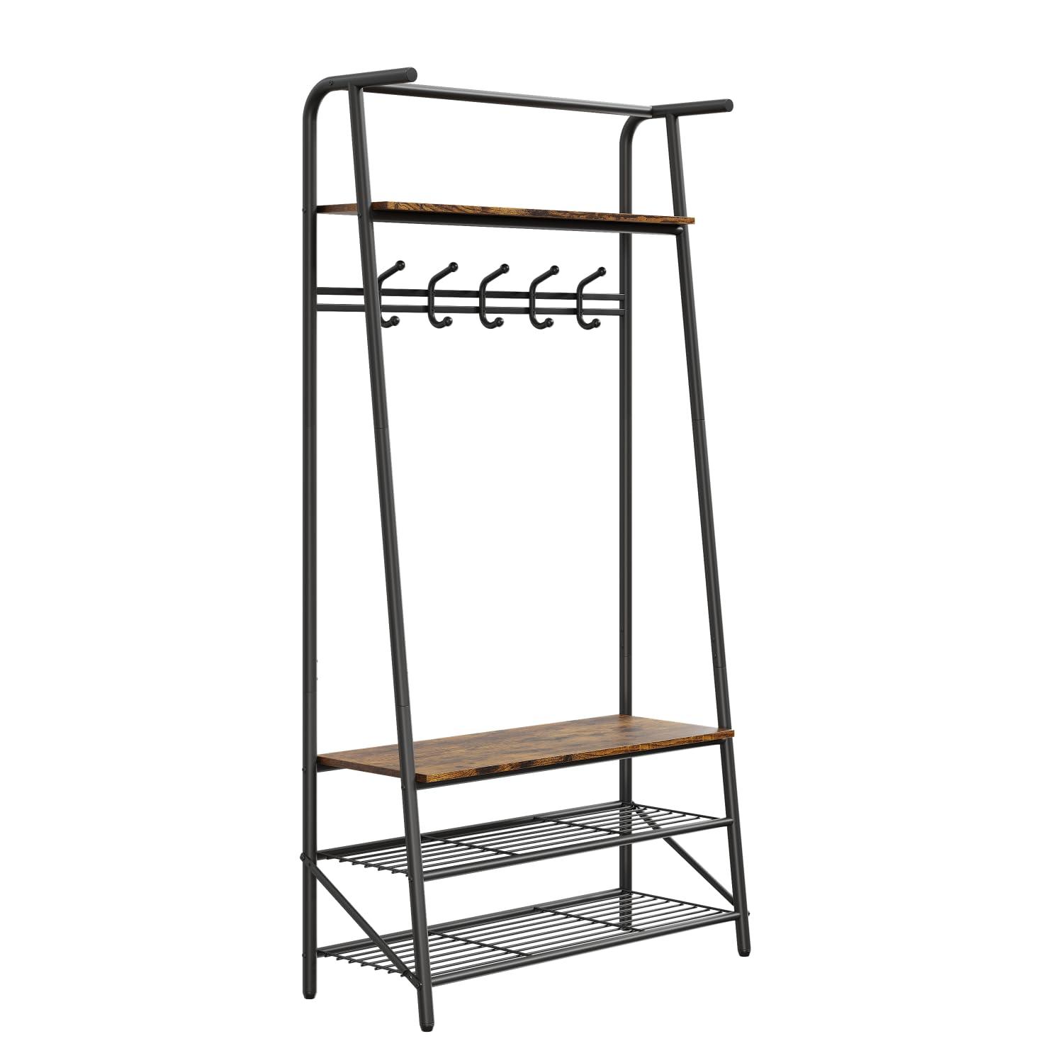 GAOMON Coat Rack Shoe Bench, 4-in-1 Hall Trees Entryway Bench with Coat Rack and Shoe Rack, Wood Look Accent Furniture with Steel Frame Storage Shelf and Hanging Bar, Industrial, Rustic Brown & Black