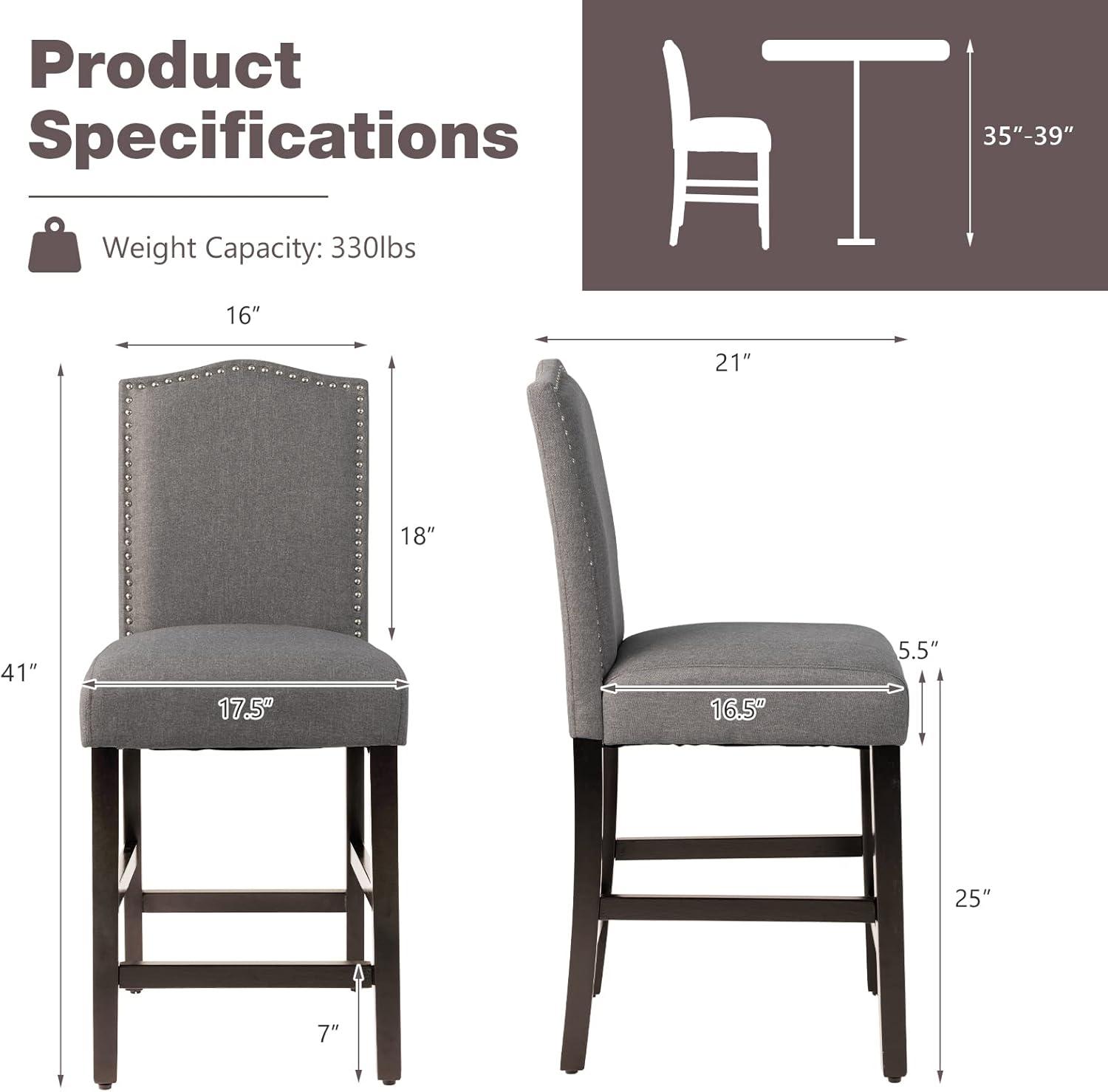 Costway Set of 2 Upholstered Bar stools 25''  Counter  Height Chairs with Rubber Wood Legs Grey