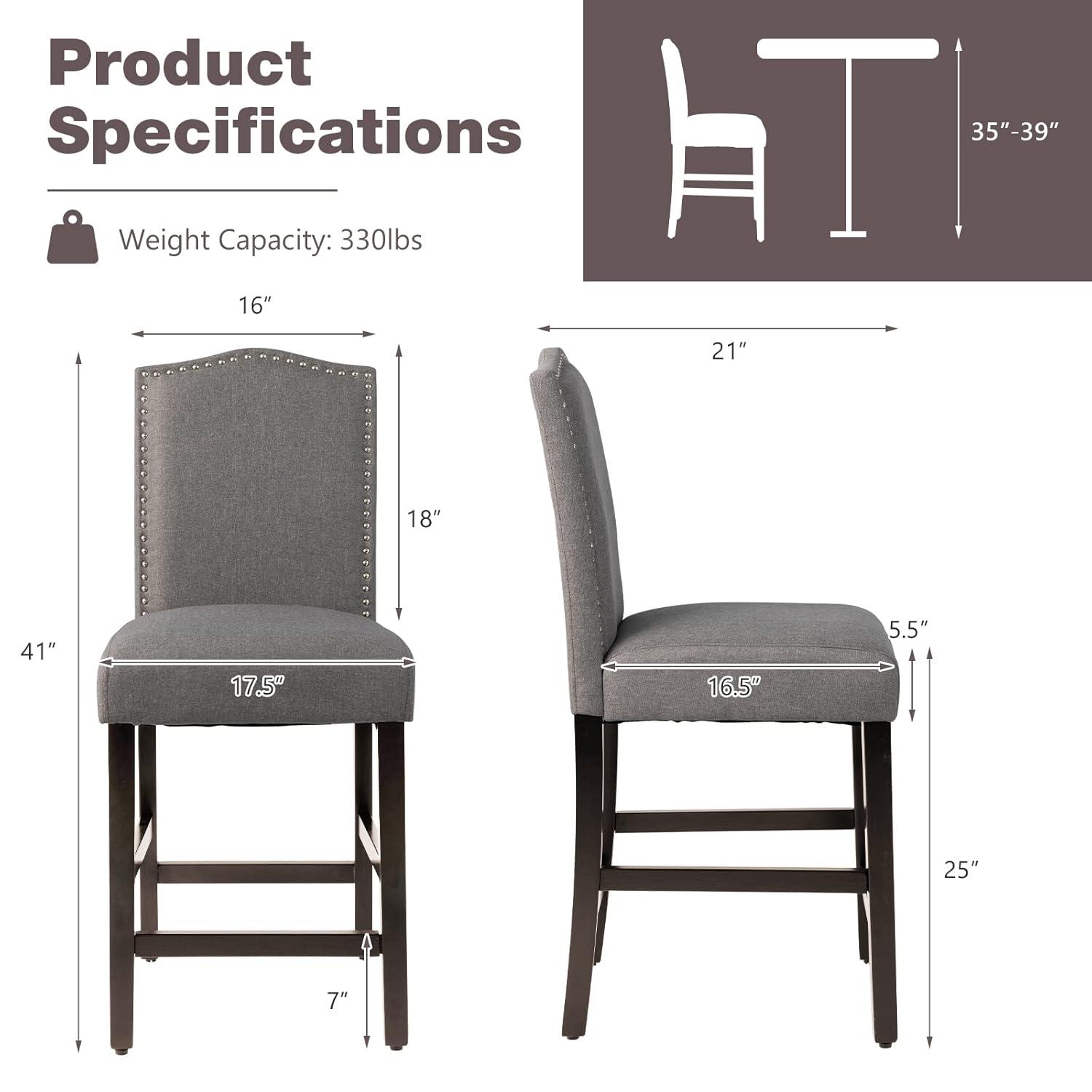 Costway Set of 2 Upholstered Bar stools 25''  Counter  Height Chairs with Rubber Wood Legs Grey