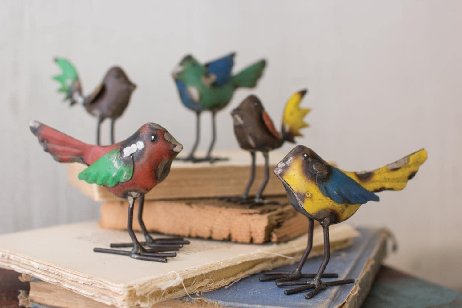 Set of Five Multicolor Recycled Metal Bird Figurines