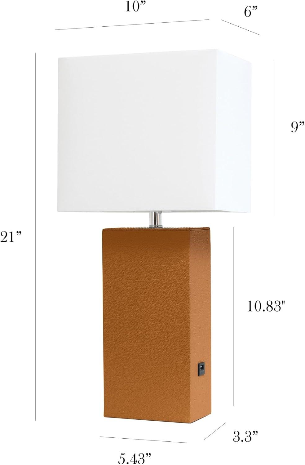 Modern Leather Table Lamp with USB and Fabric Shade Tan - Elegant Designs: No Assembly, UL Listed