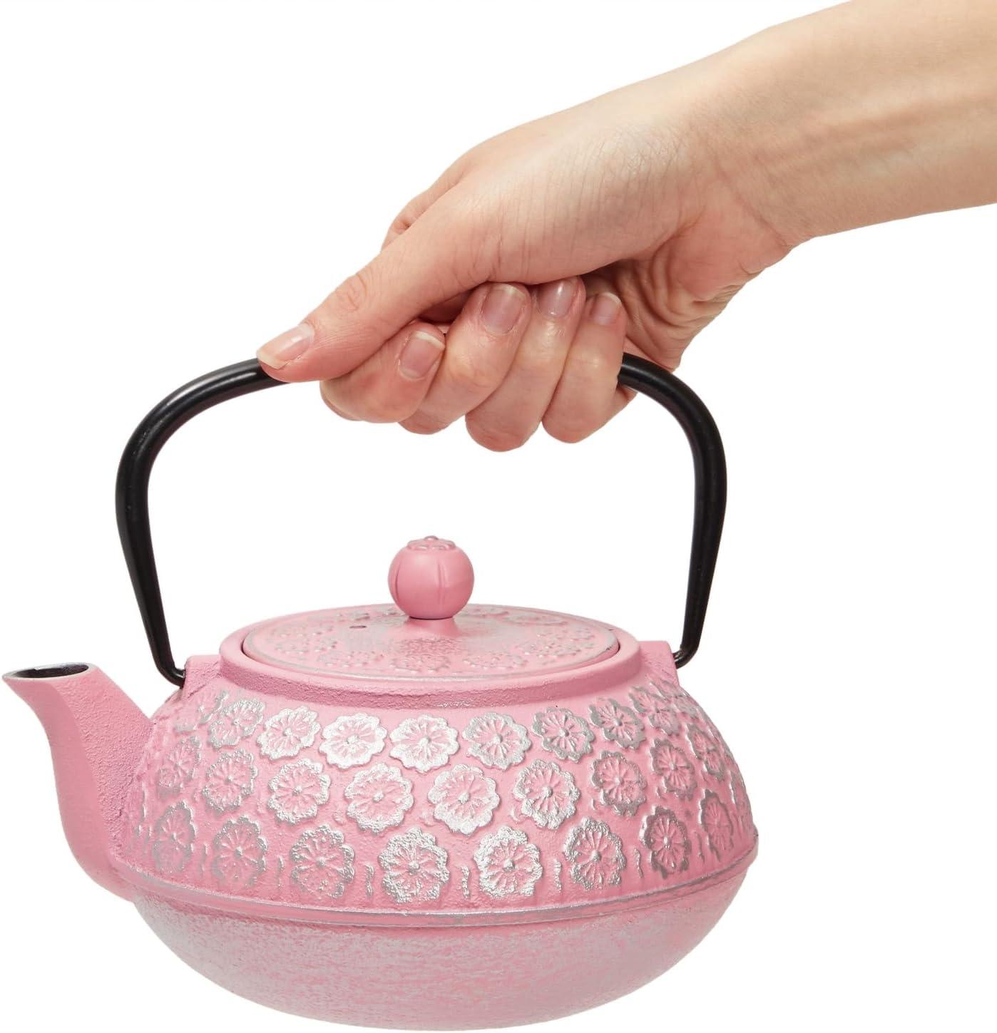 Juvale Green Cast Iron Floral Teapot Kettle with Stainless Steel Infuser Set, Japanese Tea Pot for Kitchen Pantry, 34 oz