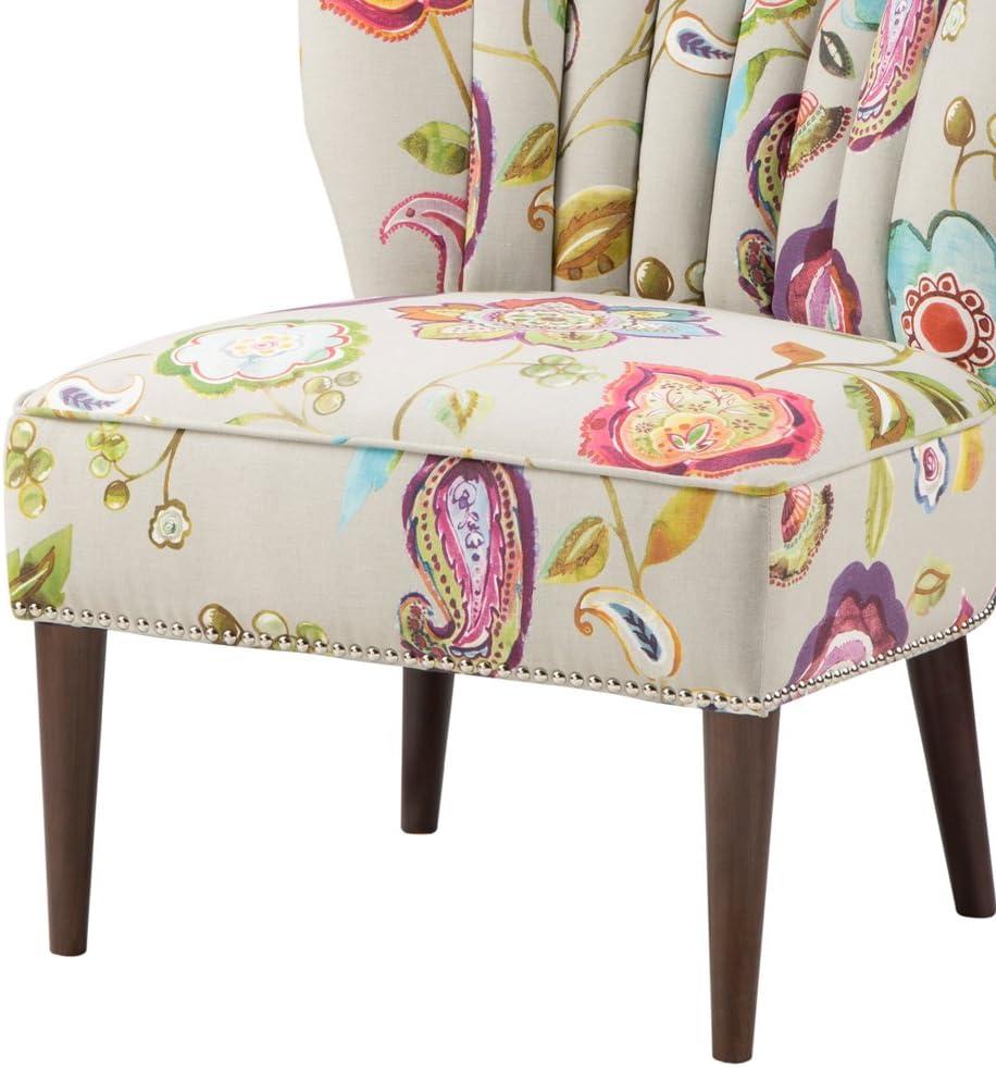 Remy Channel Back Slipper Chair Green/Cream: Madison Park, Wingback Design, Floral Pattern, Wood Legs