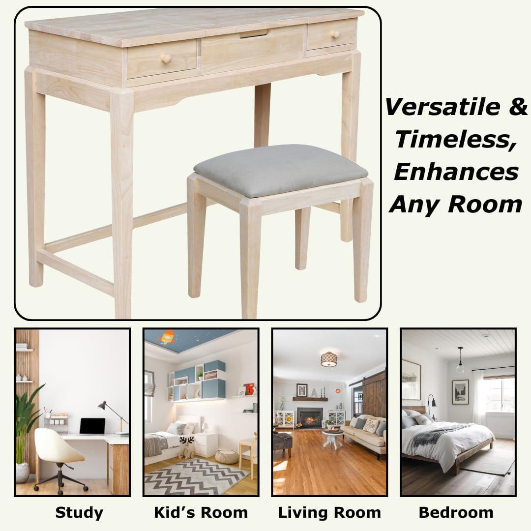Alexandria Vanity Table with Vanity Bench Unfinished - International Concepts