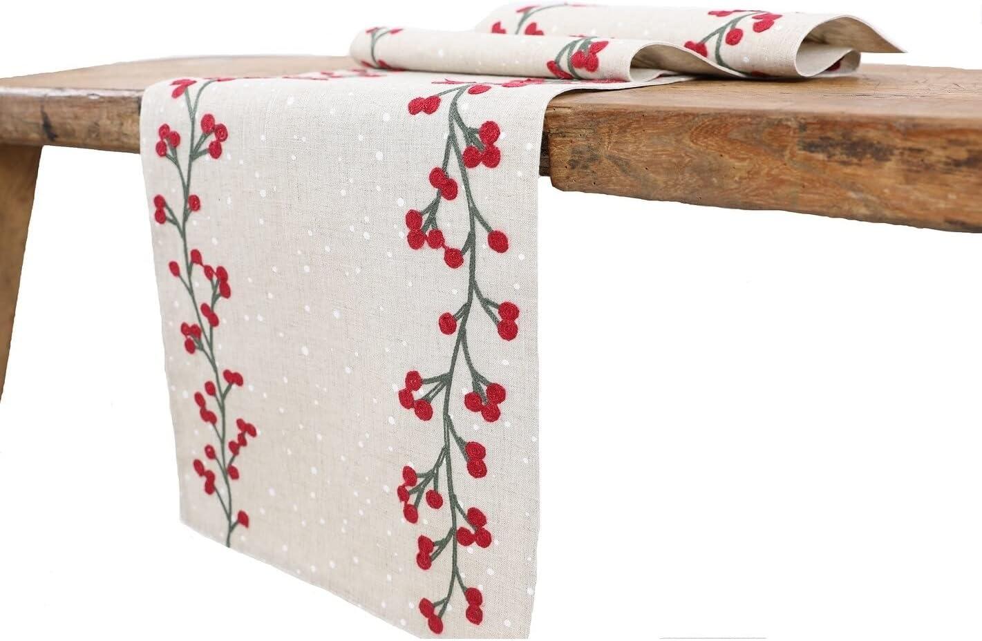 Holly Berry Branch Crewel Embroidered Christmas Table Runner 16"x36" 16"x36"