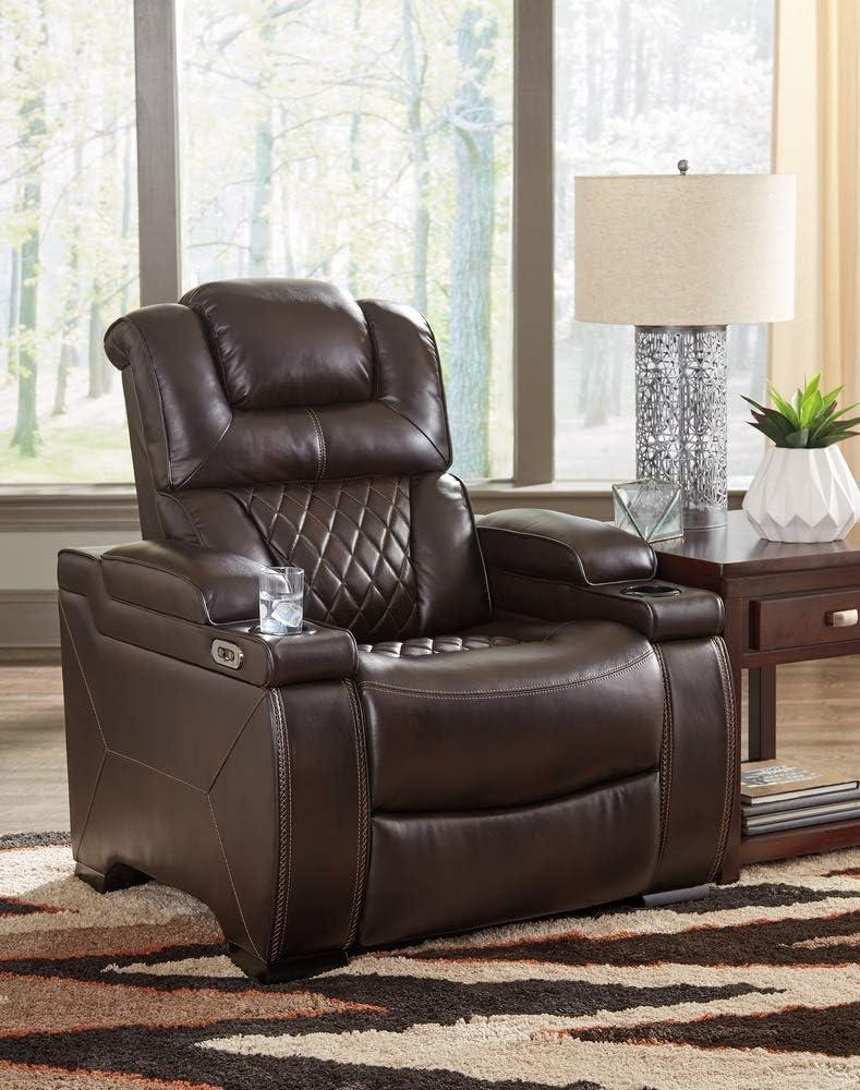 Warnerton Power Recliner with Adjustable Headrest Chocolate: USB Port, Cup Holder - Signature Design by Ashley