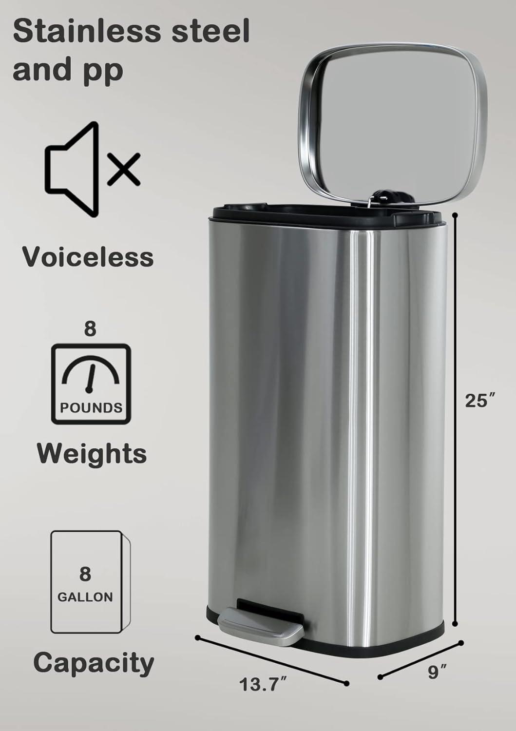 8 Gallon Brushed Stainless Steel Step-On Trash Can