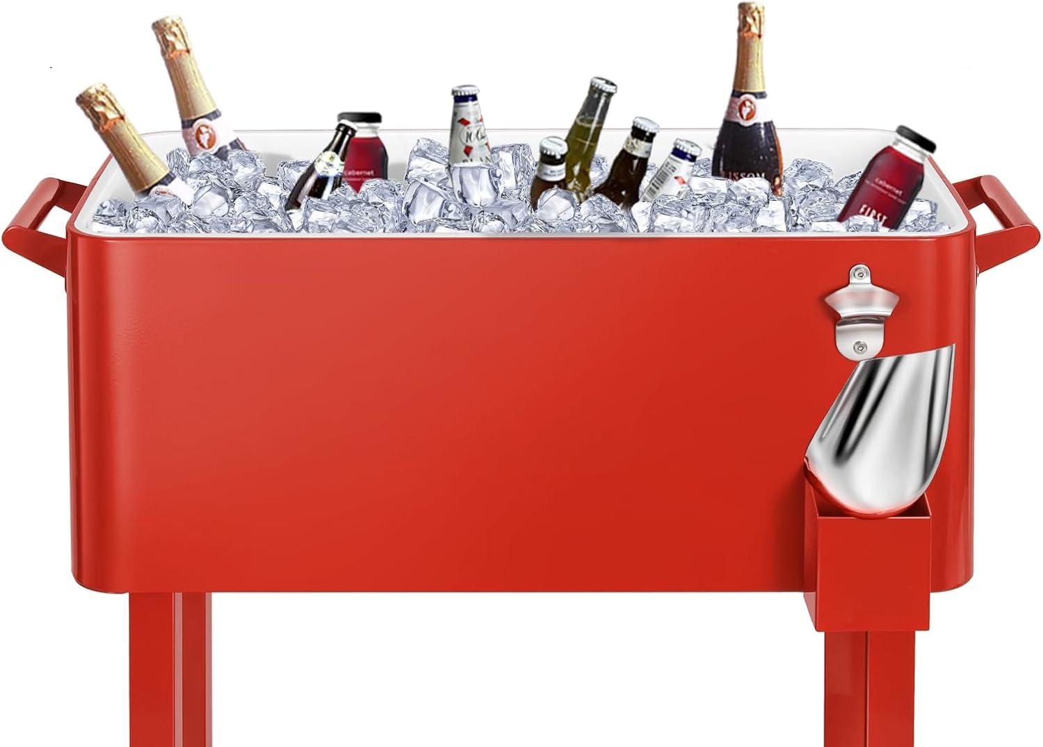 Bring Home Furniture Outdoor 80 Qt Rolling Cooler Cart, with Bottle Opener + Storage Shelf Camping Beverage Ice Chest