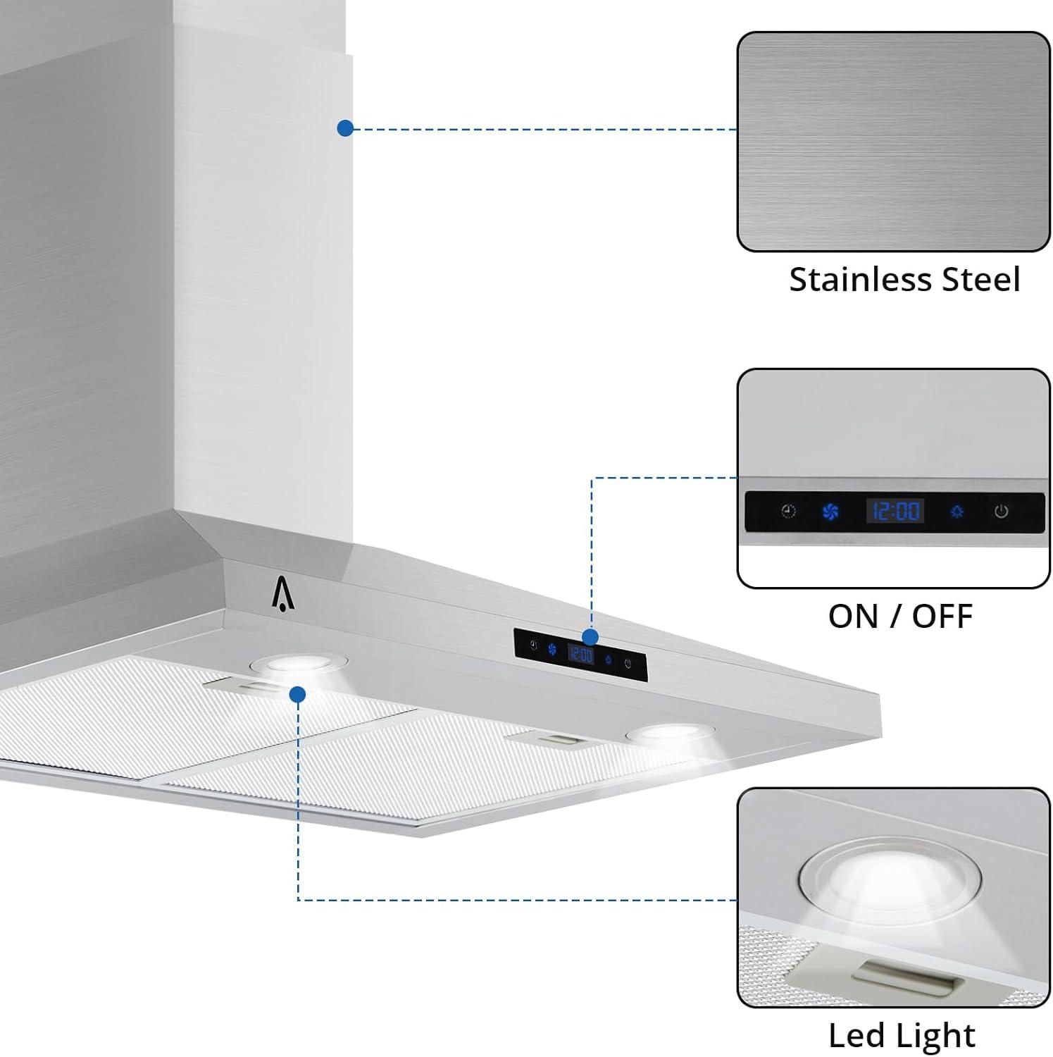 30" Wall Mount Range Hood, 265 CFM Stainless Steel Kitchen Range Hood with Touch Control-Ducted/Ductless Convertible,3 Inhalation Speeds,LED Light,Hood Vents for Kitchen