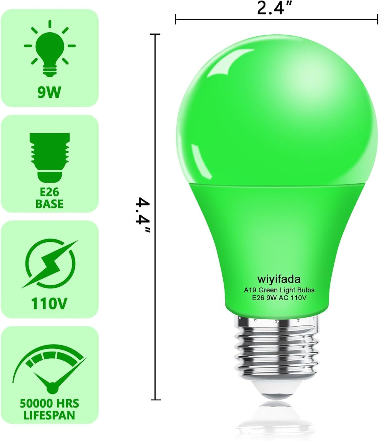 EDISHINE Green LED Light Bulbs for Holiday Party Decoration, A19 9W LED Bulbs 60W Equivalent E26 Base 4 Pack, ETL Listed