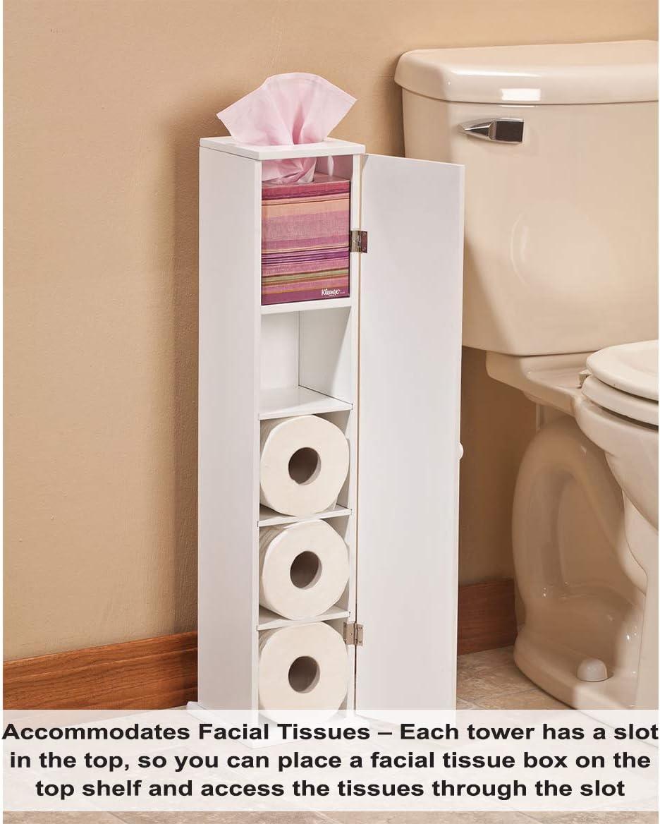 OakRidge Miles Kimball White Compact Toilet Tissue Storage Tower with 4 Shelves, 5.5" W x 27" H x 6.75" L – Holds Toilet Paper Rolls Up to 4.25" Diameter, Top Slot Provides Access to Facial Tissues