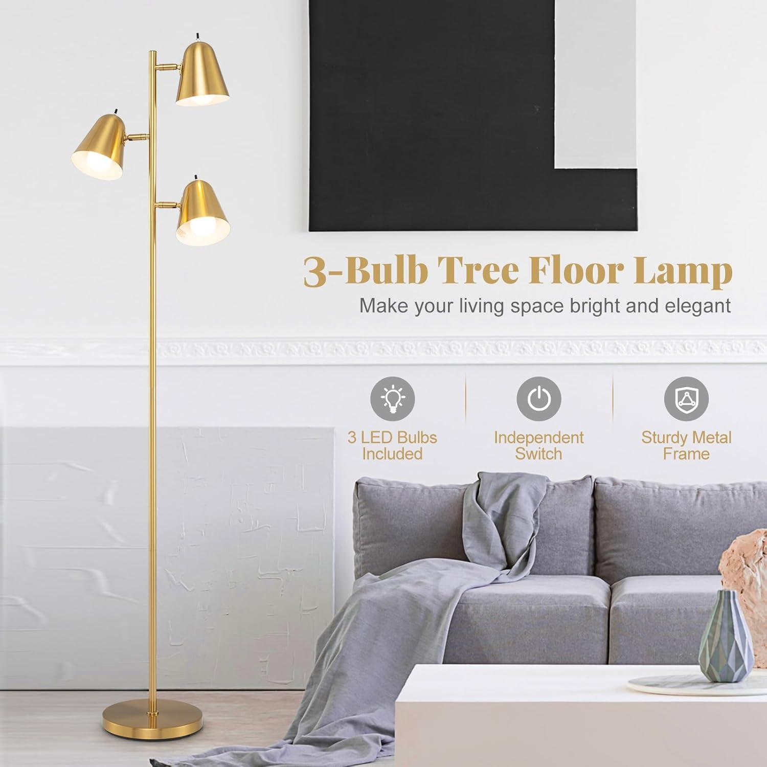 Tangkula 64" Mid Century Modern Floor Lamp 3 Light Tree, Standing Tall Pole Lamp w/ 3 LED Bulbs & Adjustable Heads (Antique Brass)