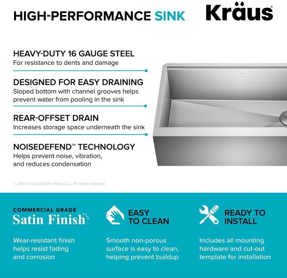 KRAUS Kore™ Workstation 33-inch 16 Gauge Stainless Steel Single Bowl Farmhouse Kitchen Sink with Accessories