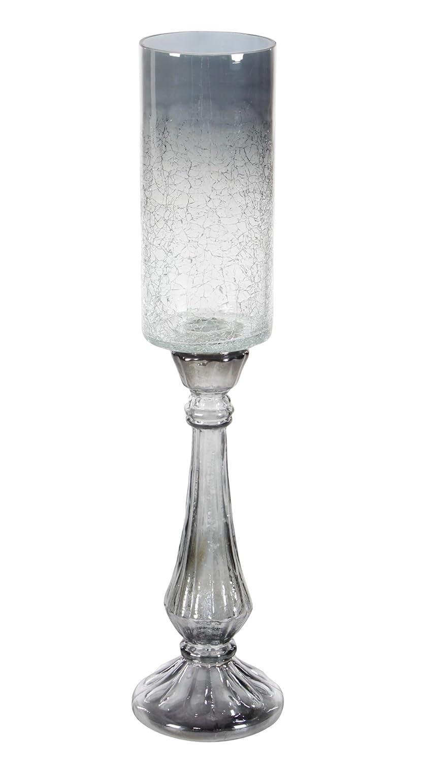 DecMode Silver Glass Handmade Turned Style Pillar Hurricane Lamp with Faux Mercury Glass Finish
