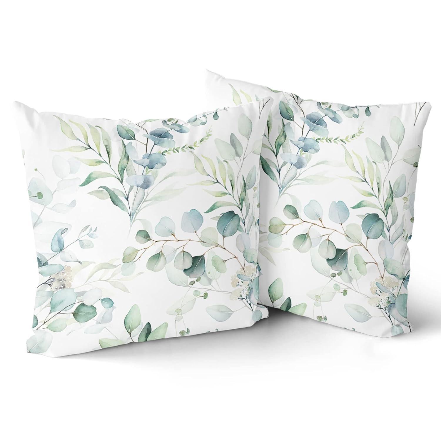 Spring Sage Green Leaf Pillow Covers 18x18 inch Set of 2 Eucalyptus Floral Watercolor Pillow Cases Modern Throw Pillows Cover Decor Gifts for Bed Couch Sofa Living Room