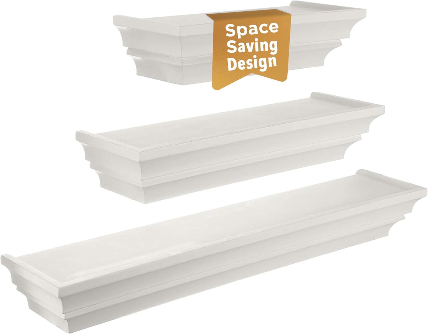 White Crown Molding 3-Tier Floating Wall Shelves Set