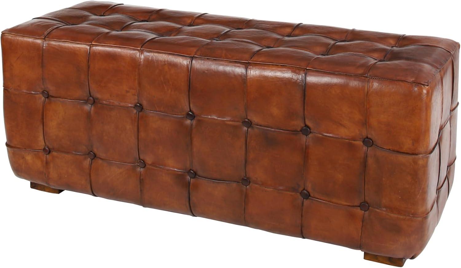 DecMode Teak Wood Tufted Upholstered Leather Bench, Brown