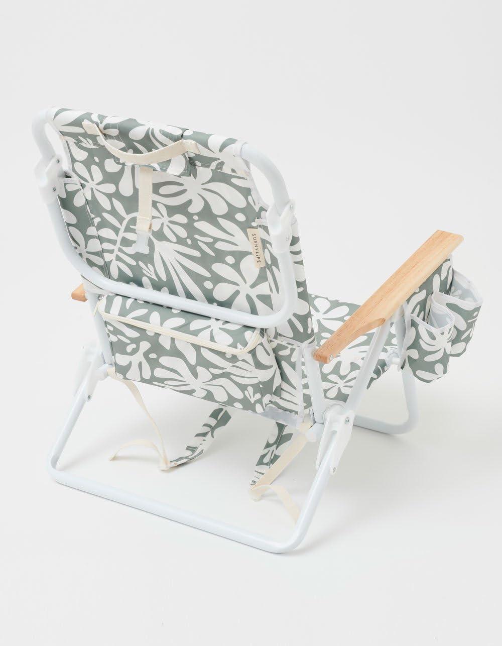 Sunnylife Reclining Beach Chair - The Vacay Olive. Converts from Backpack to Folding seat, with 5 Reclining Positions, Insulated Cooler Pocket and Adjustable Straps for Easy Carrying