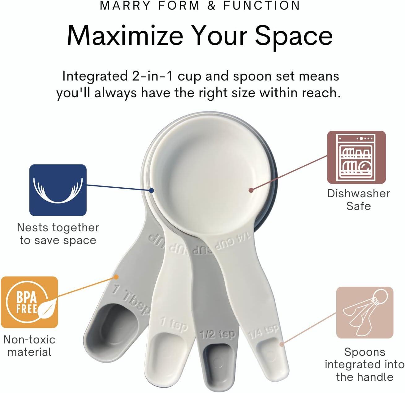 Storage Theory | 2-in-1 Combo Measuring Cup & Spoon Set | 4 Piece Set | Space Saving | Food Grade Material | Dishwasher Safe | White / Gray mix