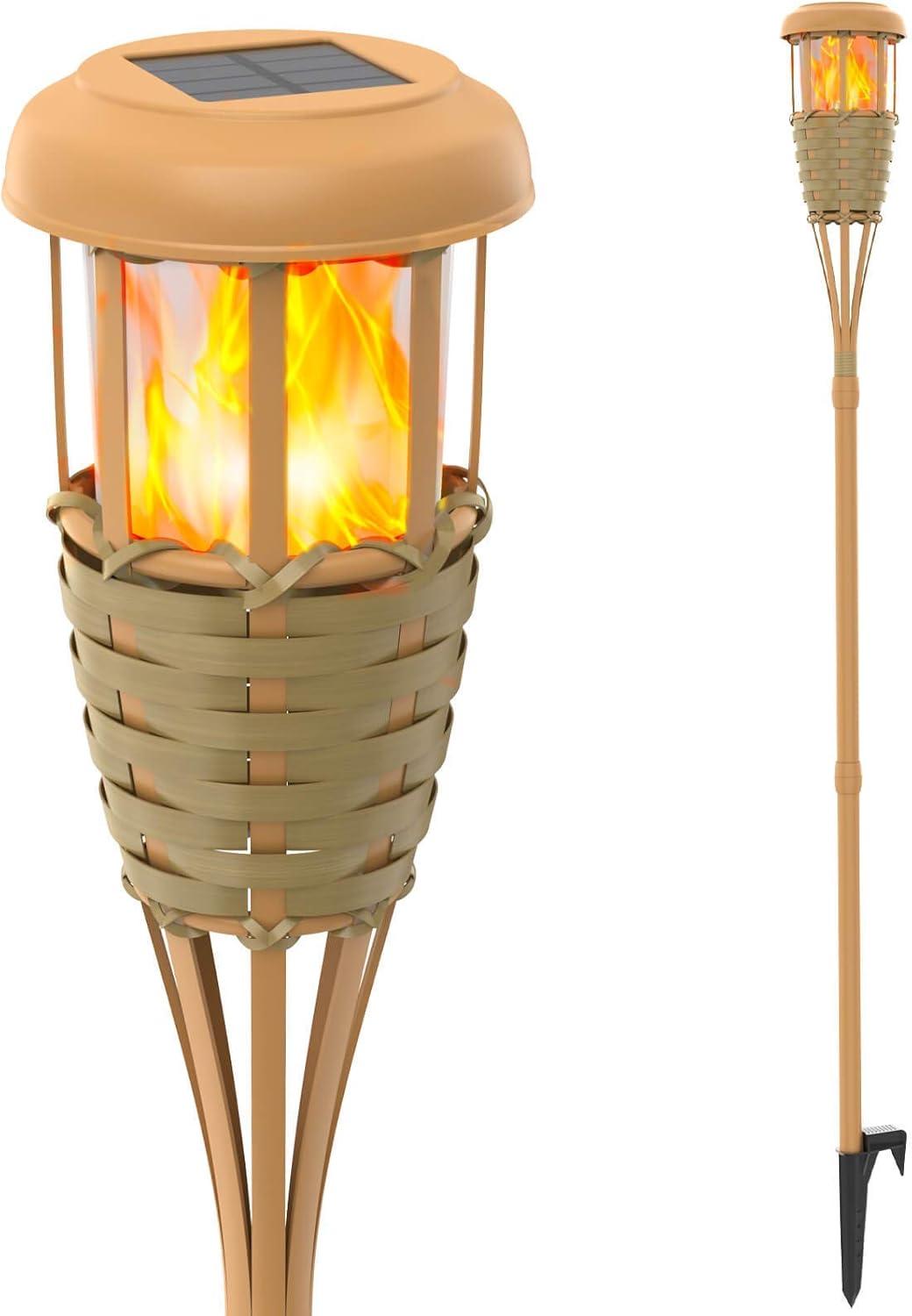 Upgraded Solar Torches - Waterproof Outdoor Decorative Lighting with Flickering Flames - Handmade Bamboo Weaving - Create the Perfect Tropical Island Atmosphere - Adjustable Height -