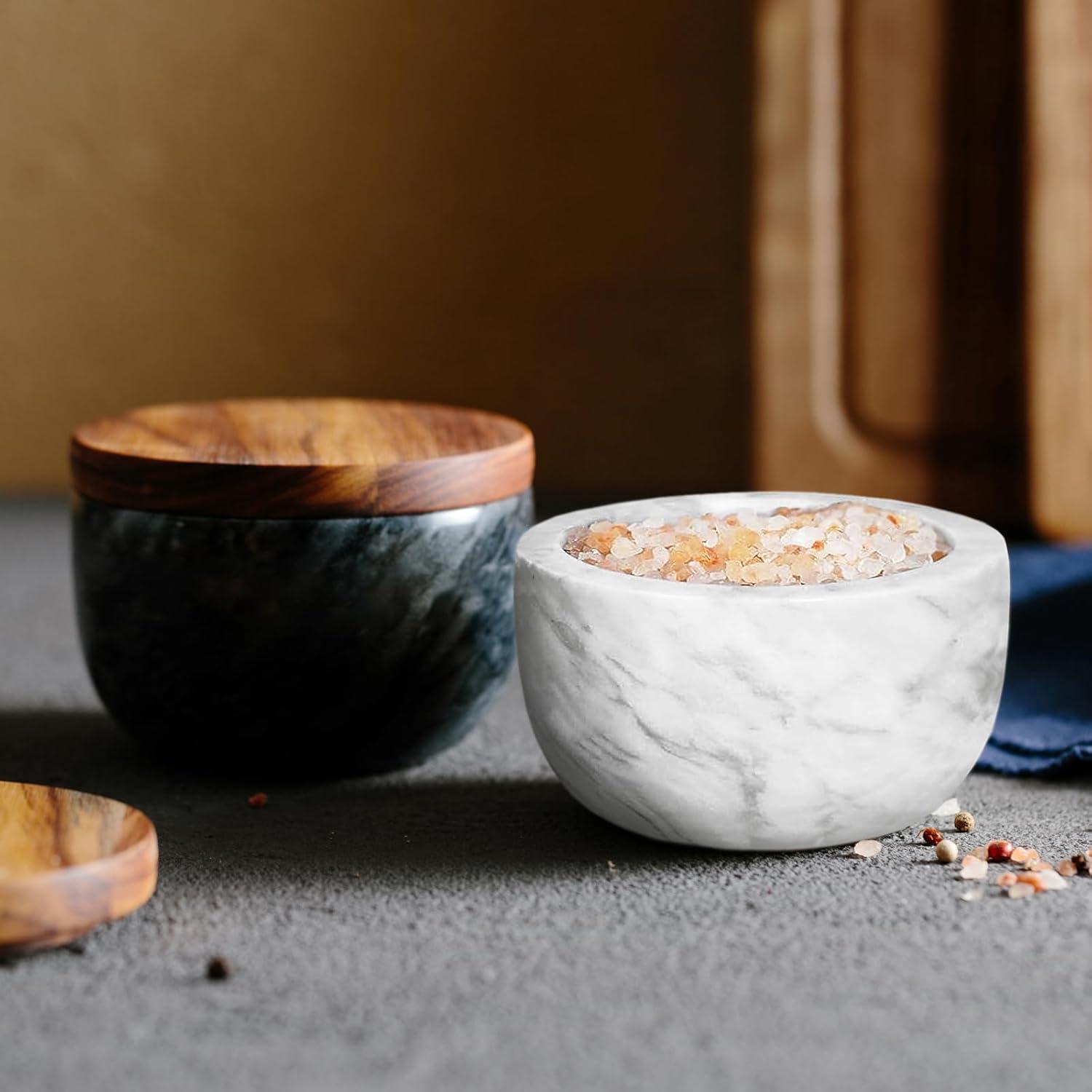 salt cellar salt box large big size salt holder white Marble Base Wood Cover Salt Box Salt Cellar with spoon Decorative Boxes Big Capacity Salt Container Spice Cellar salt and pepper keeper