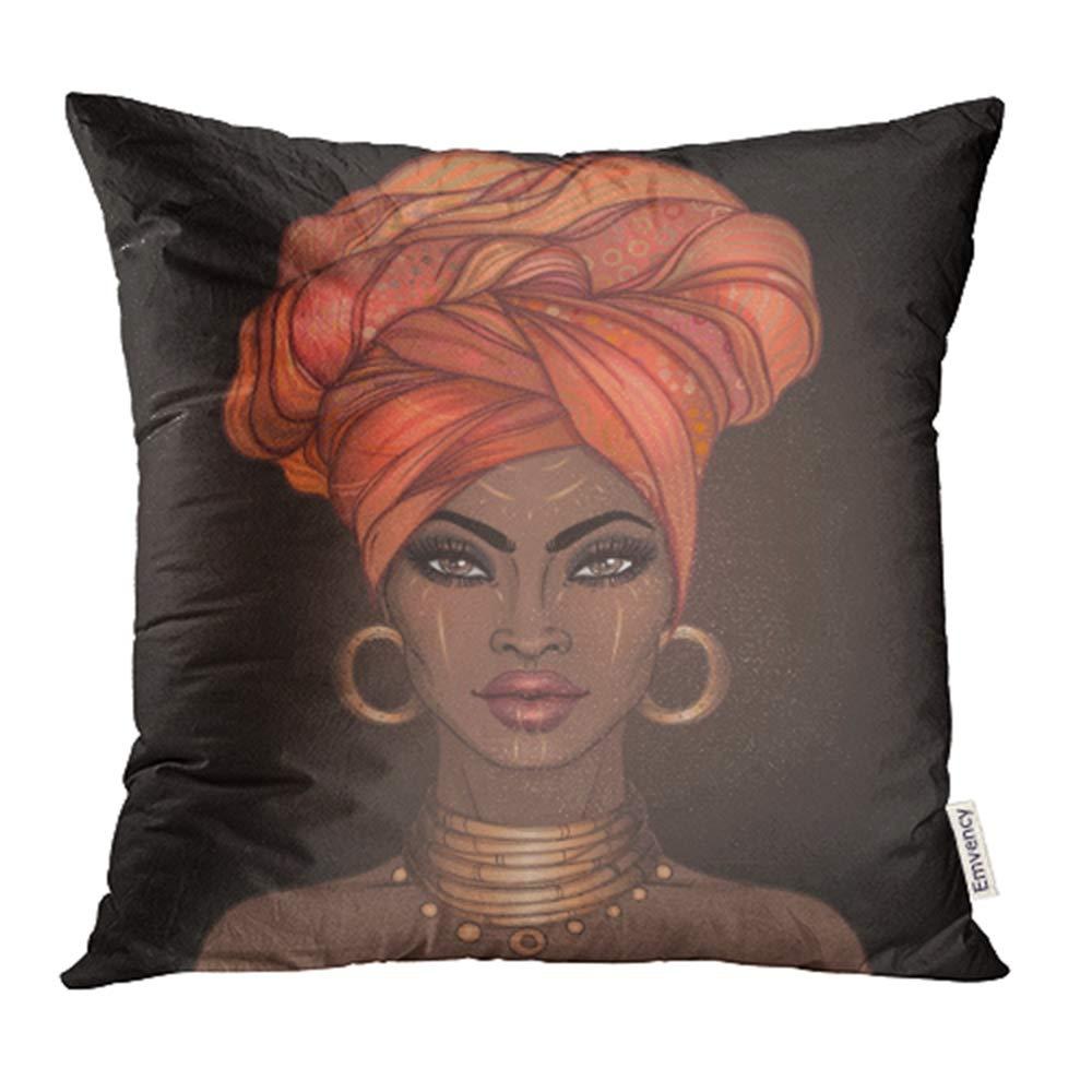 Emvency Throw Pillow Covers Decorative Cases African Pretty Girl of Black Woman with Glossy Lips and Turban Great 20x20 Inch Cover Cushion Pillowcase Square Case Print