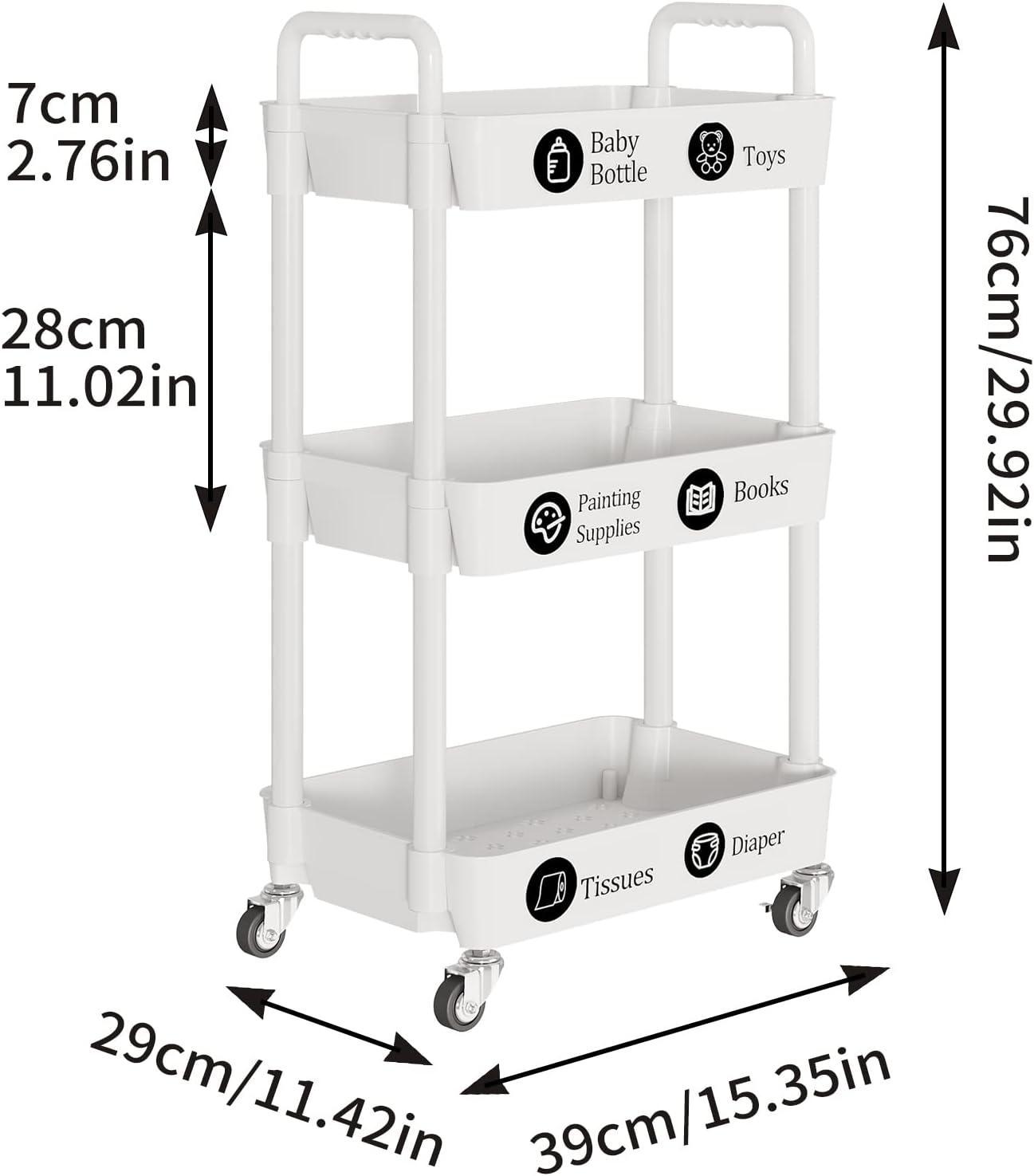 White 3-Tier Plastic Utility Rolling Cart with Lockable Wheels