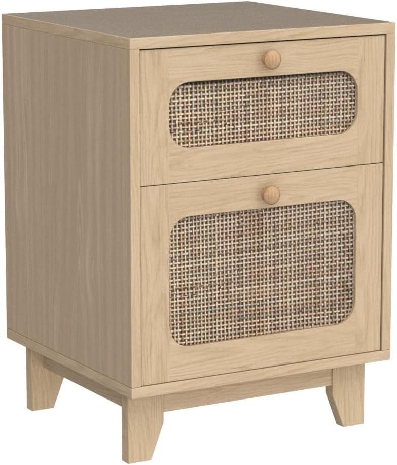 Tolead Rattan Mid-Century Modern Nightstand Set with Handmade Rattan Decorated Drawer and Door, Bedroom, Living Room, Natural