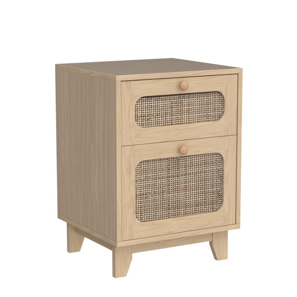 Tolead Rattan Mid-Century Modern Nightstand Set with Handmade Rattan Decorated Drawer and Door, Bedroom, Living Room, Natural