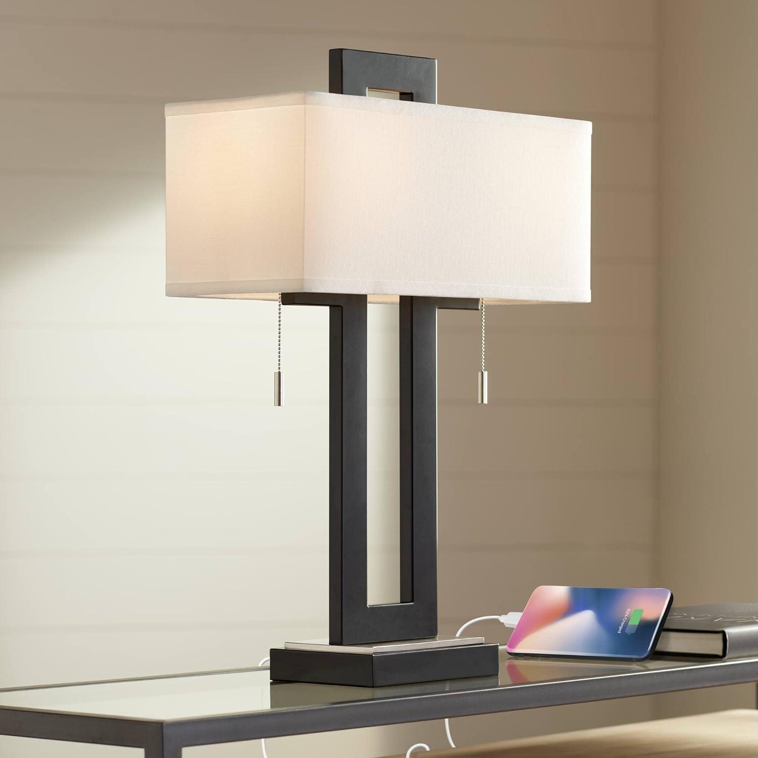 Black Metal Rectangular Table Lamp with USB Port