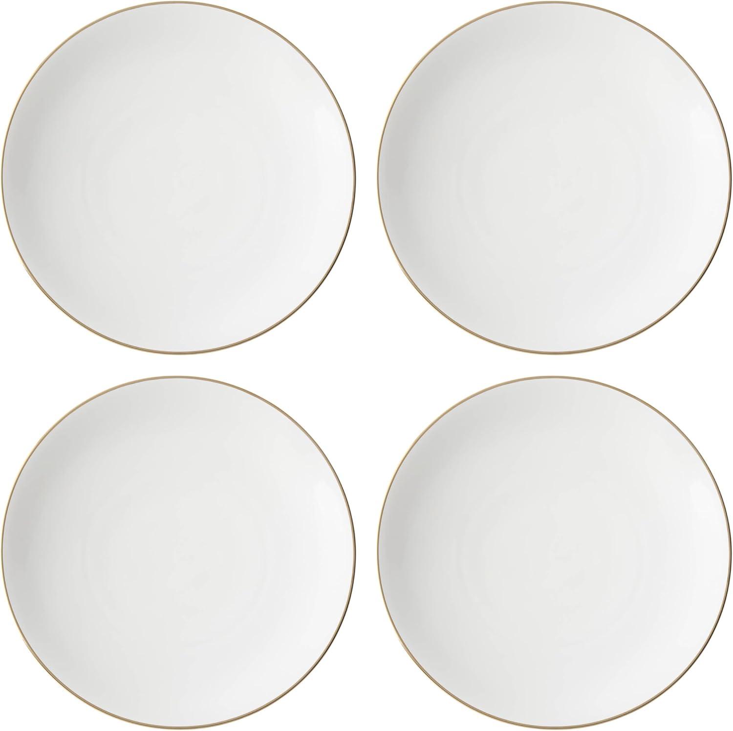 White Porcelain Coupe Dinner Plates with Gold Accents, Set of 4