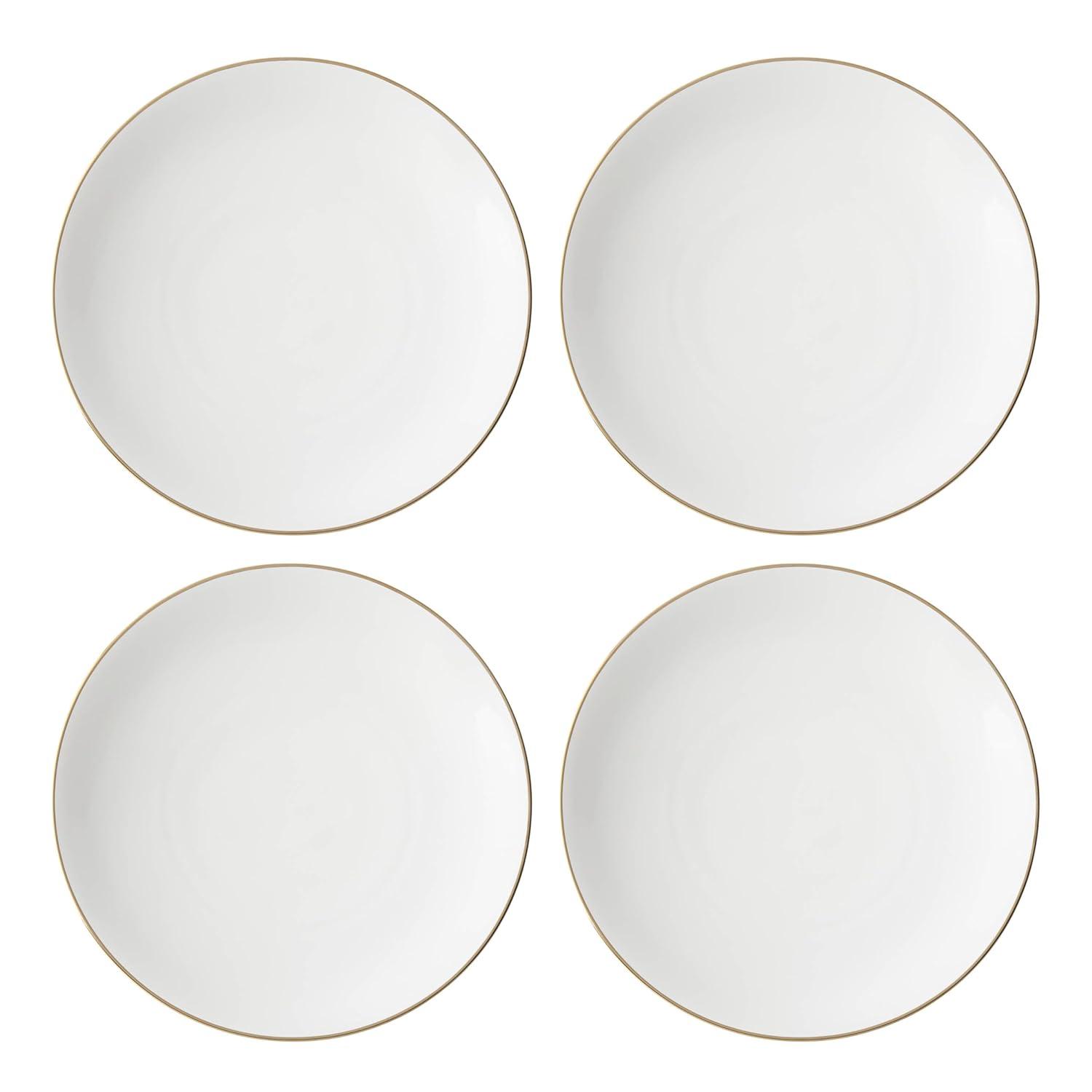 White Porcelain Coupe Dinner Plates with Gold Accents, Set of 4