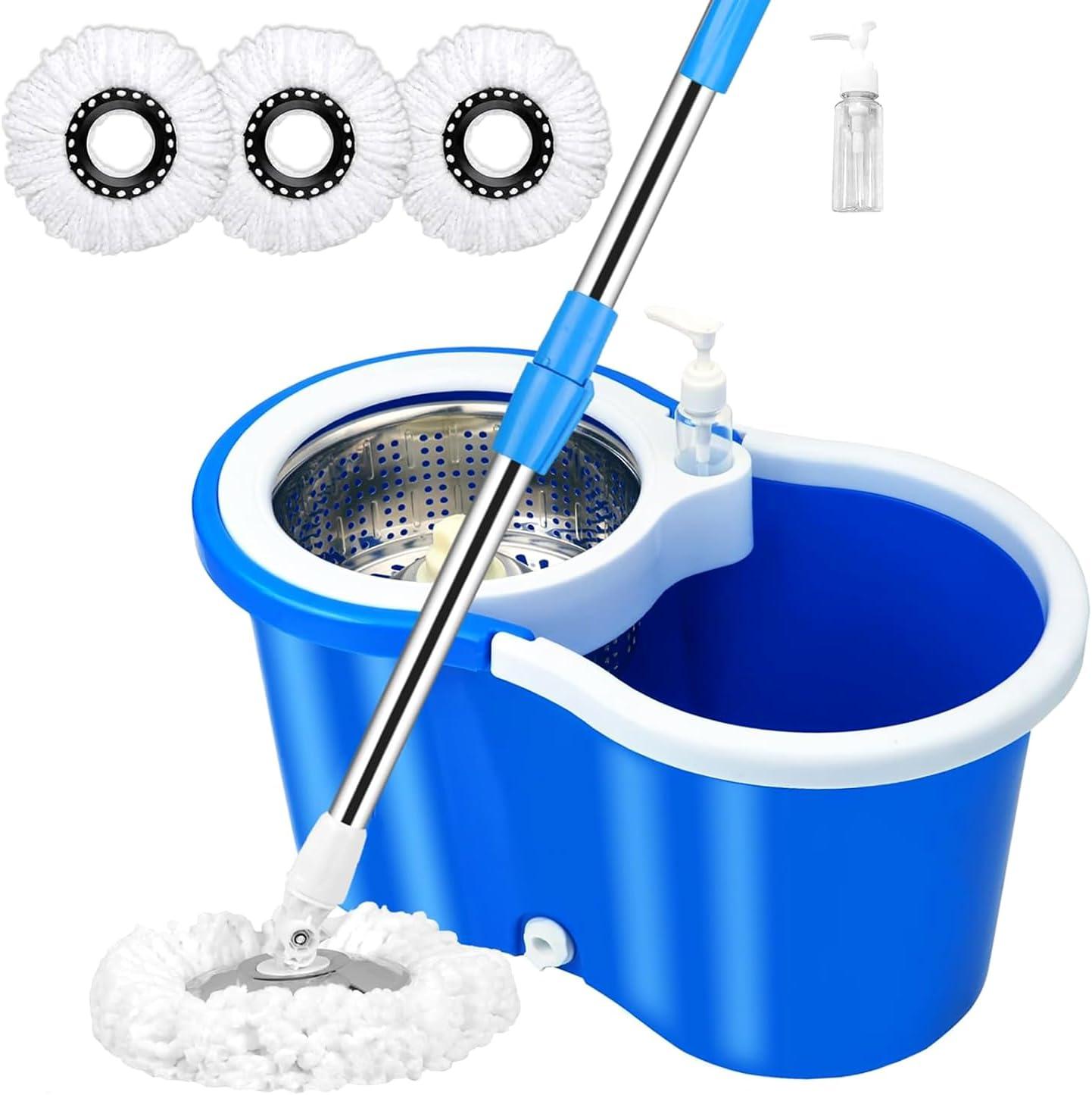 Blue Stainless Steel Spin Mop and Bucket Set with Microfiber Heads