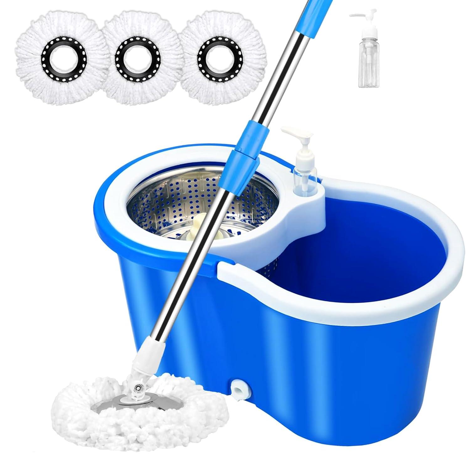 Spin Mop and Bucket with Wringer Set,360°Spin Mop & Bucket Floor Cleaning System Mop Bucket with 61" Adjustable Extended Handle 3 Microfiber Replacement Head Refills