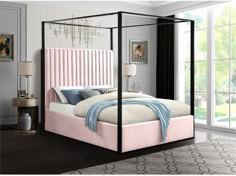 Meridian Furniture Jax Solid Wood and Velvet King Bed in Pink