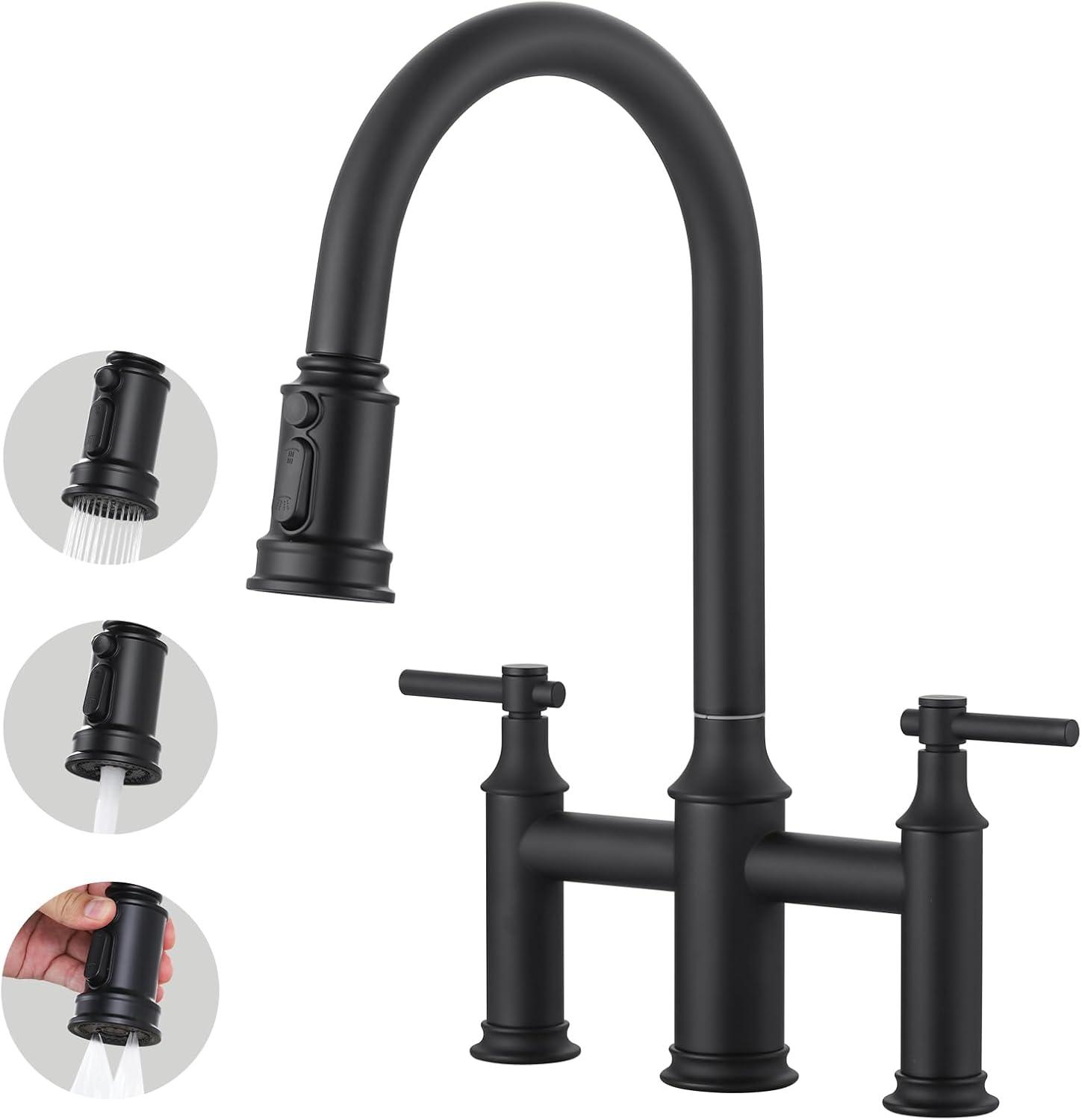 Bridge-Style Kitchen Faucet With Dual Handles And A Pull-Down Spray Head, Designed For Installation On A 3-Hole Kitchen Sink