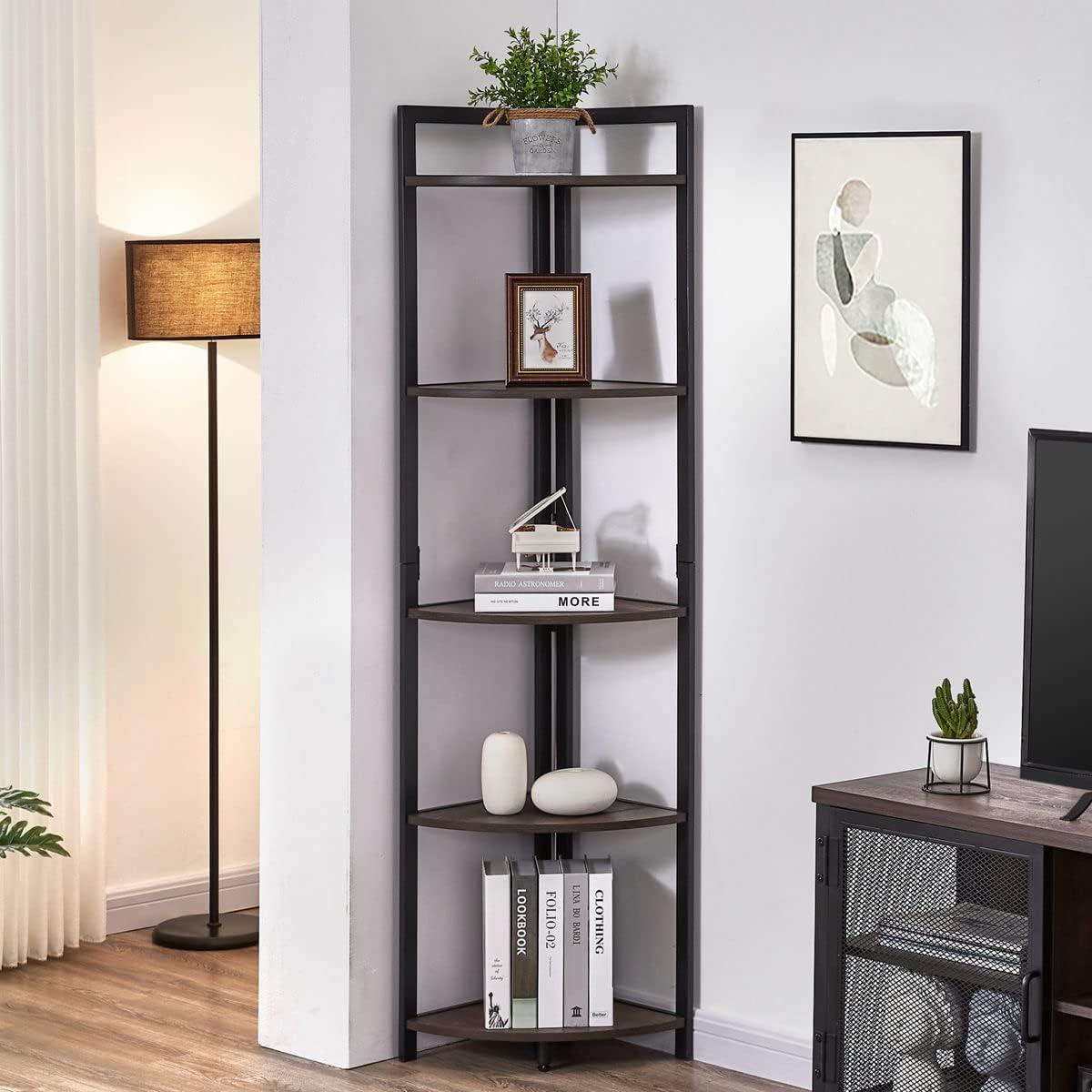 Walnut Brown 5-Tier Industrial Corner Bookshelf with Metal Frame