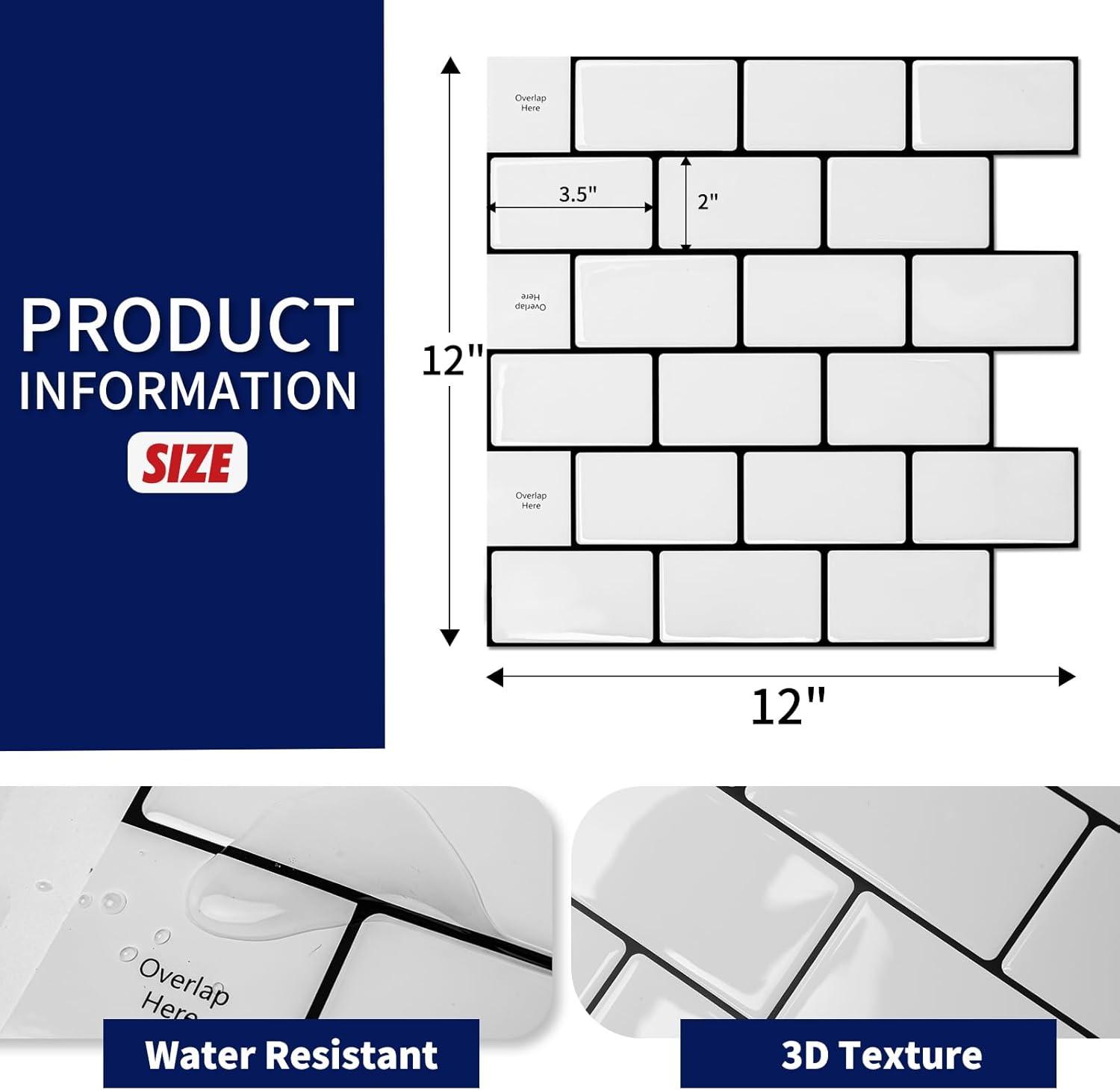 Art3d Peel and Stick Backsplash Tile, 10-Sheet Stick on Subway Tiles for Kitchem, Bathroom Back Splashes, 12"x12", Warm White with Black Grout