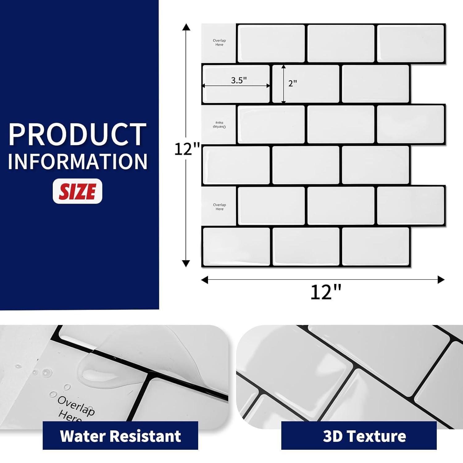 Art3d Peel and Stick Backsplash Tile, 10-Sheet Stick on Subway Tiles for Kitchem, Bathroom Back Splashes, 12"x12", Warm White with Black Grout