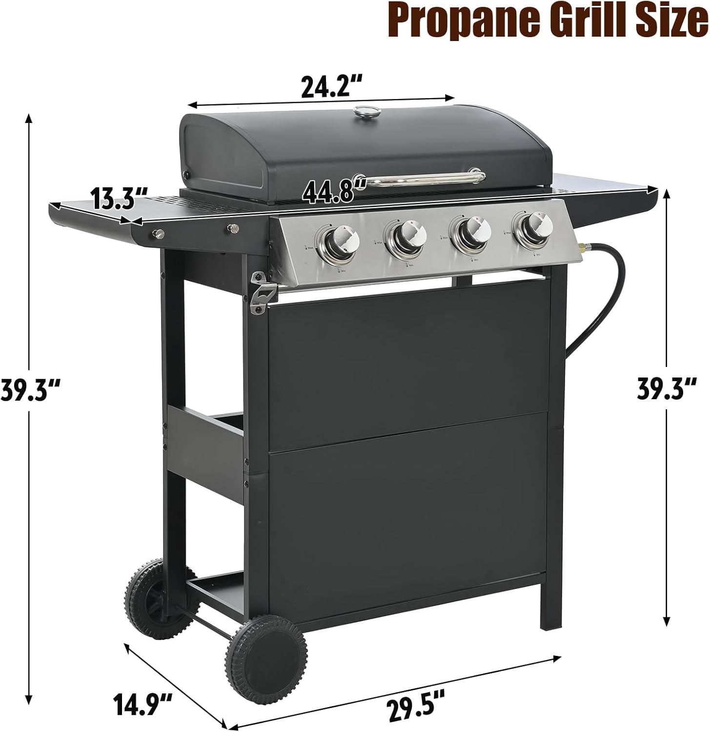 4-Burner Propane Grill with Top Cover Lid, Wheels, Side Tables, Built-in Thermometer, Stainless Steel 34,200 BTU Gas Grill