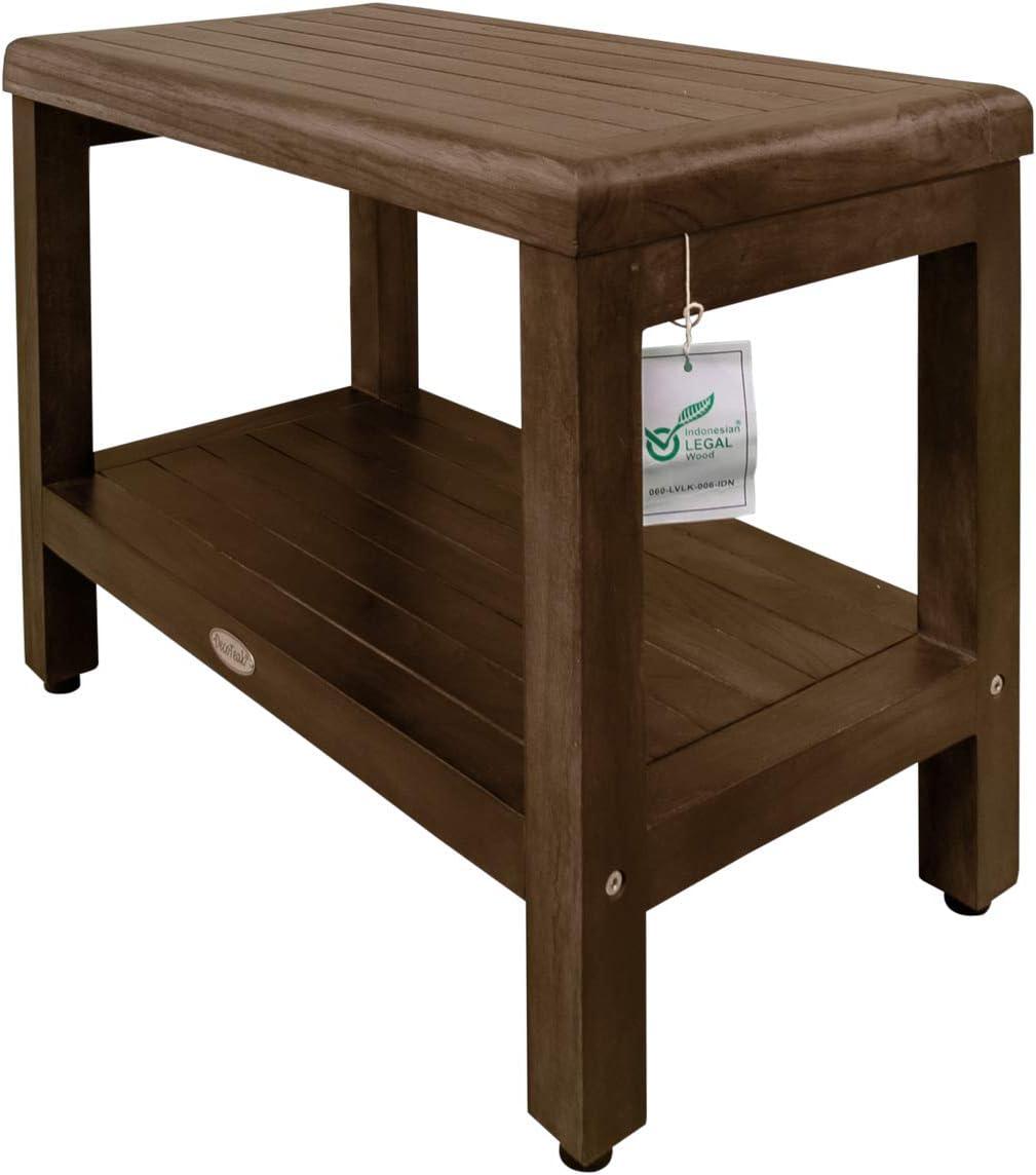 24" Brown Teak Shower Bench with Shelf