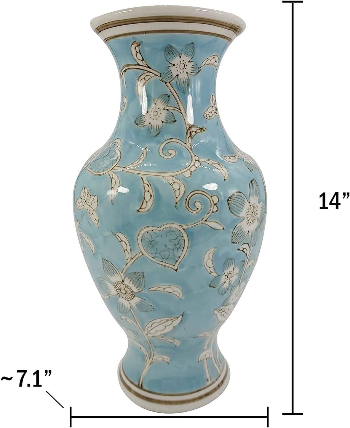 Light Blue and White Floral Chinoiserie Ceramic Vase 14"