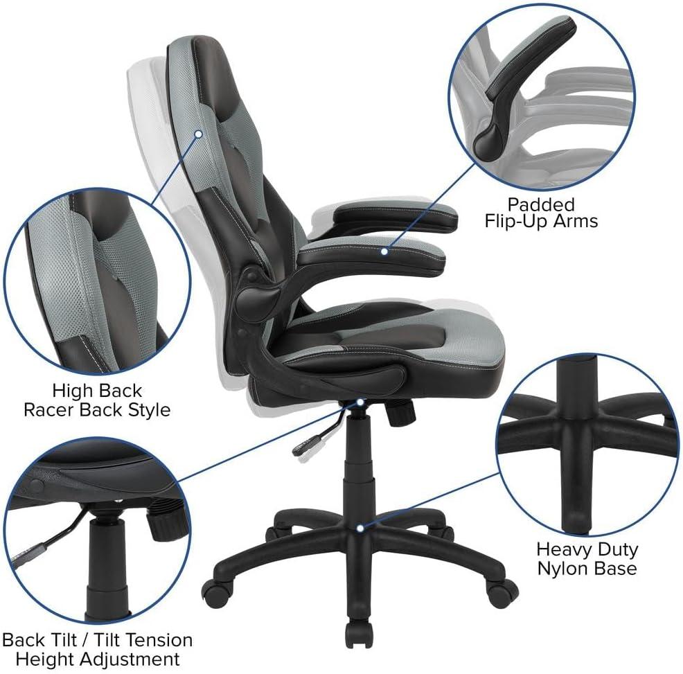 Gray and Black Ergonomic High-Back Gaming Chair with Flip-Up Arms