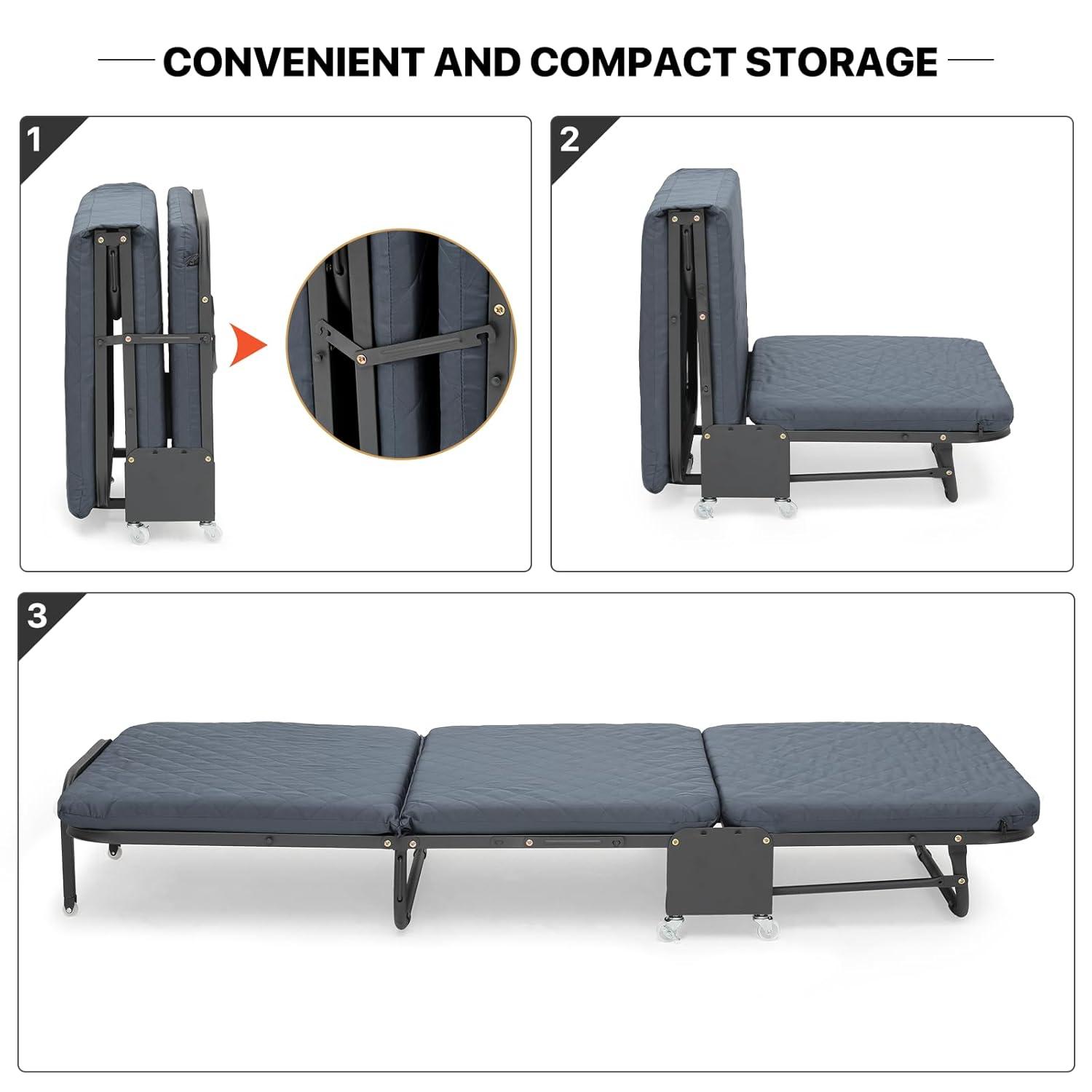MoNiBloom Rolling Folding Bed with Wheels, Foldable Rollaway Bed with Foam Mattress, Camping Cot Sleeping Bed
