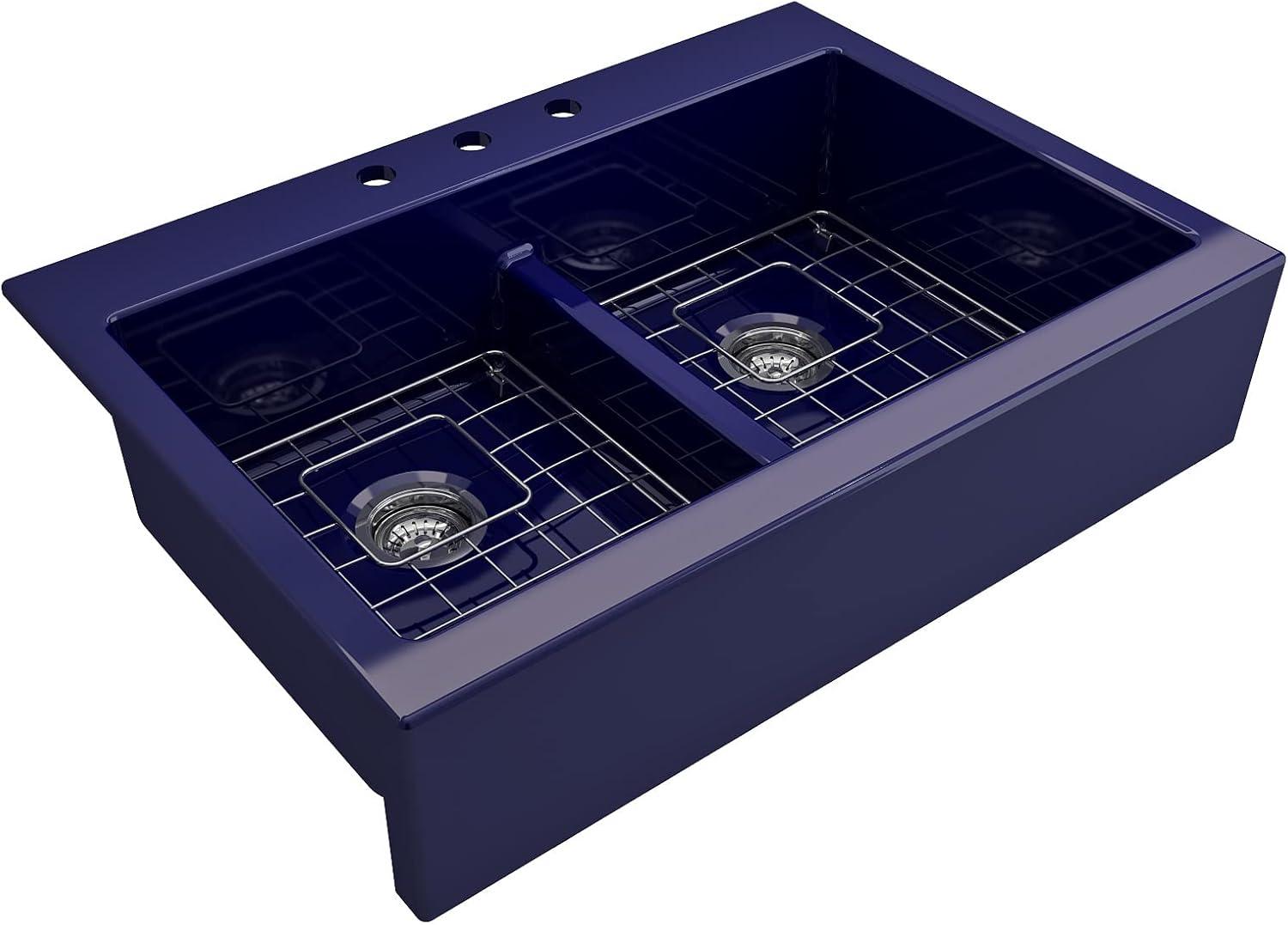 Sapphire Blue Fireclay Double Bowl Farmhouse Sink